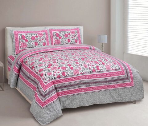 Pink Floral 100% Cotton 90x108 Inches Double Bed Sheet + 2 Pillow Covers