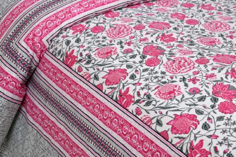 Pink Floral 100% Cotton 90x108 Inches Double Bed Sheet + 2 Pillow Covers - Image 2