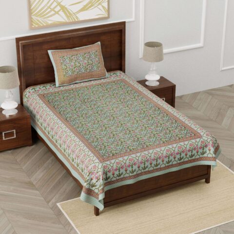 Ethnic Jaipuri Pure Cotton 60x90 Inches Single Bedsheet + 1 Pillow Cover | Fast Colours | Single Bed Cotton Bedsheet