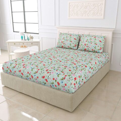 Floral Green Diva King Size Bed Elastic Fitted Sheet with 2 Pillow Covers - Image 3
