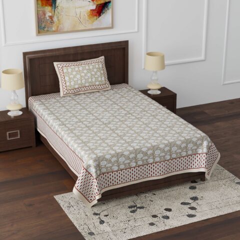 Single Bedsheet 5x7.5 Feet Pure Cotton with 1 Pillow Cover