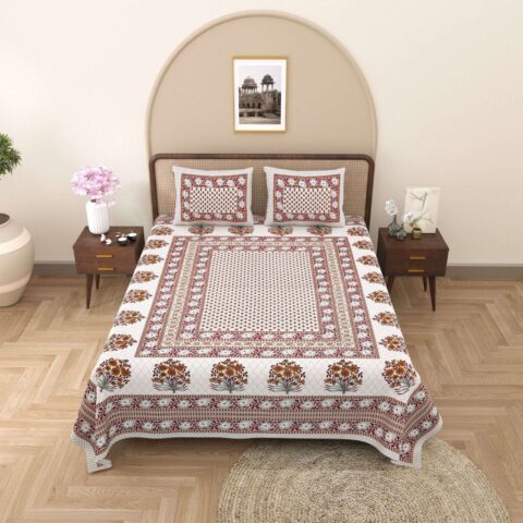 90x108" Pure Cotton Jaipuri Print Double Bedsheet | 2 Pillow Cover