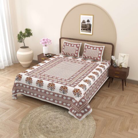 90x108" Pure Cotton Jaipuri Print Double Bedsheet | 2 Pillow Cover - Image 2