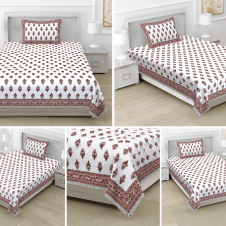Jaipuri Single Bedsheet Pure Cotton 60×90 Inches | 1 Pillow Cover | Cotton Single Bedsheet