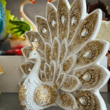 Beautiful White Peacock Decorative 8 by 6 Inch | Polyresin Peacock for Home Decoration