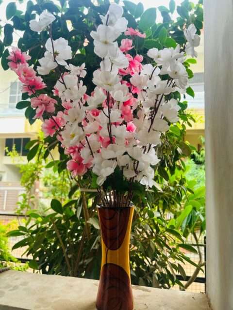 2 Set of Blossom Flowers with Wooden Pot