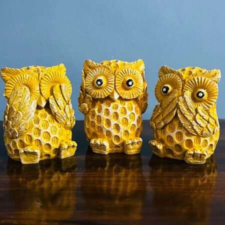 3 Piece Owl Showpiece Set Yellow Polyresin Home Decor Gift