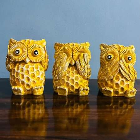 3 Piece Owl Showpiece Set Yellow Polyresin Home Decor Gift