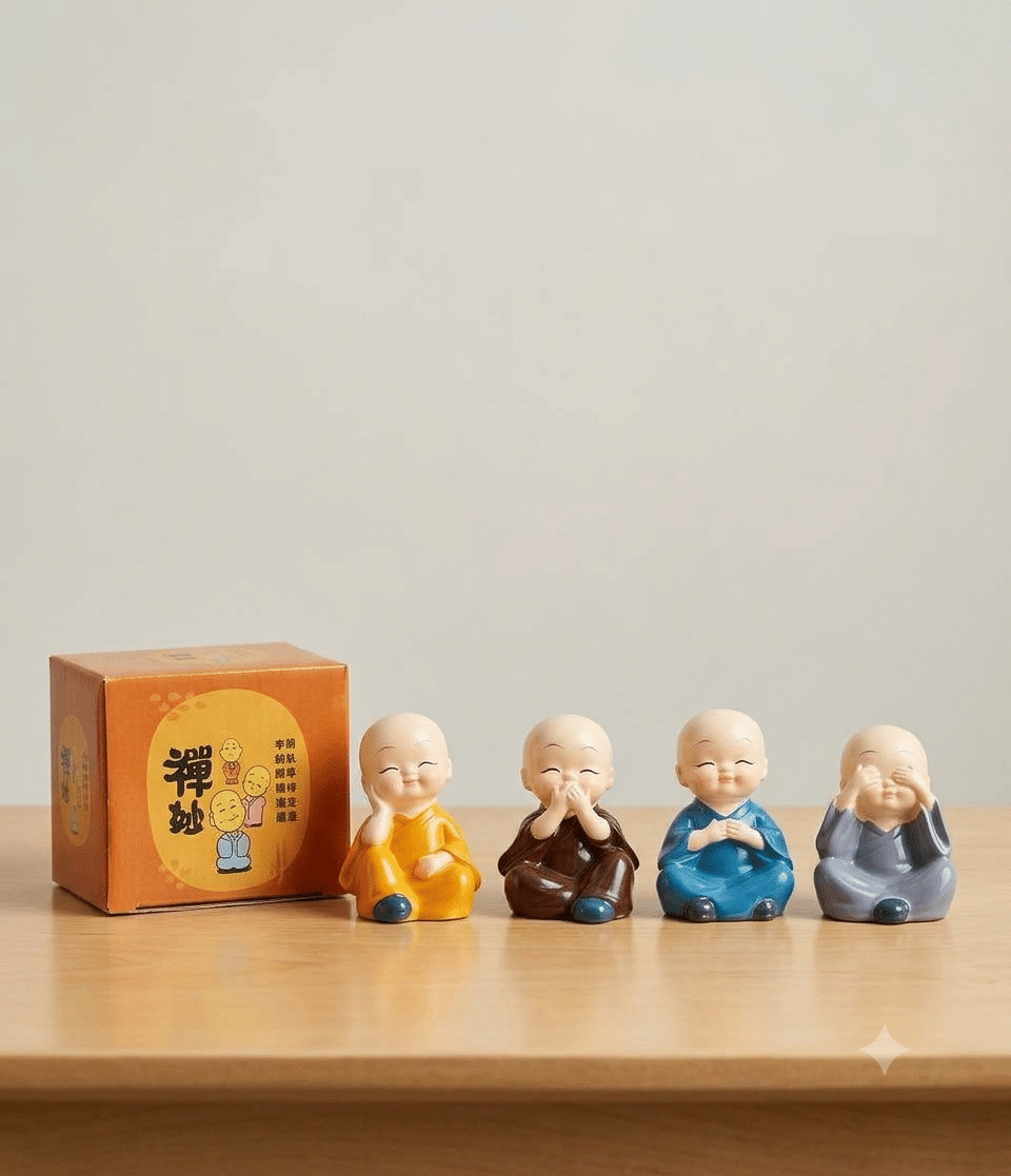 4 Pieces Cute Baby Buddha Statue Set | Decorative Mini Buddha Showpieces for Home & Office Decor